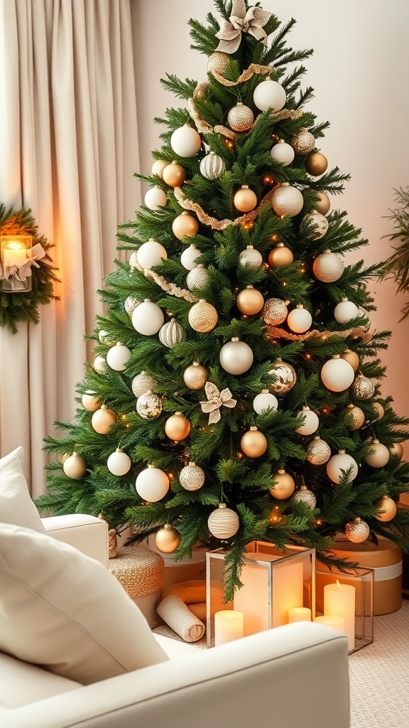 A serene neutral Christmas background with a decorated tree, natural greenery, and warm lighting in a cozy living room.